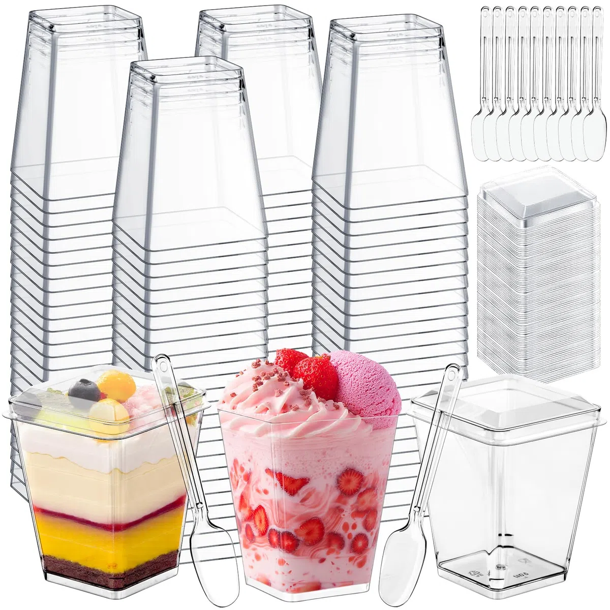 50 Stück Dessertgläser,5OZ/160ML Dessertbecher Plastik,Wiederverwendbar Quadratischer Dessertbecher,Klar Dessertschalen mit Deckel,Für Mousse Pudding Eiscreme Buffet Party Geburtstag Picknick