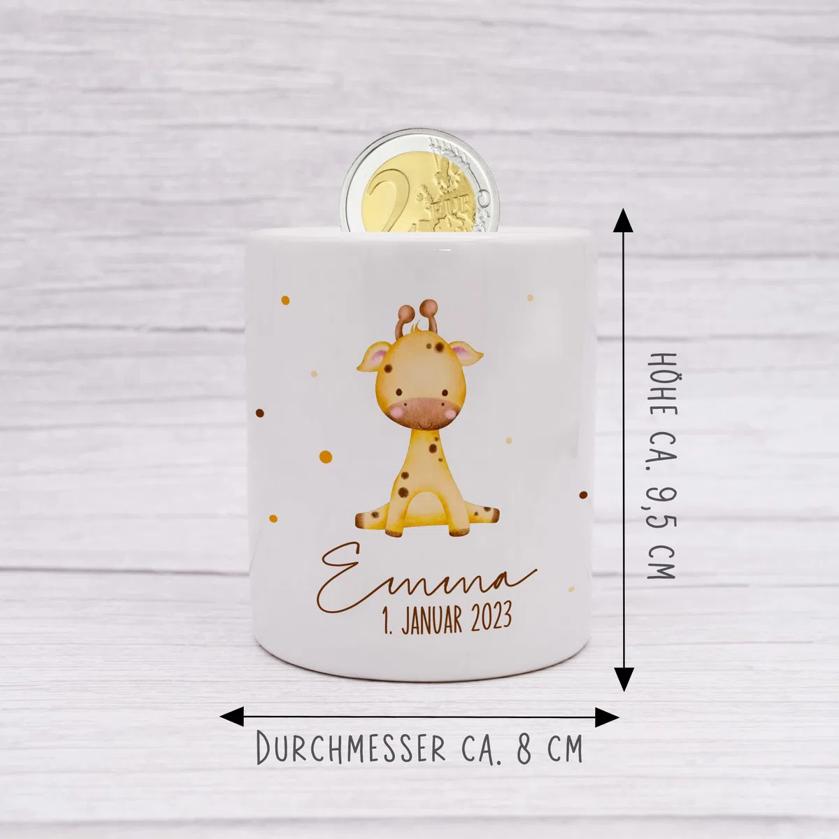 VERSCHENKICH Spardose für Kinder personalisiert - Geschenk zum Geburtstag, Weihnachten, Geburt - Spardose für Kinder mit Tiermotiv & eigenem Namen für Jungen & Mädchen (Spardose Giraffe)