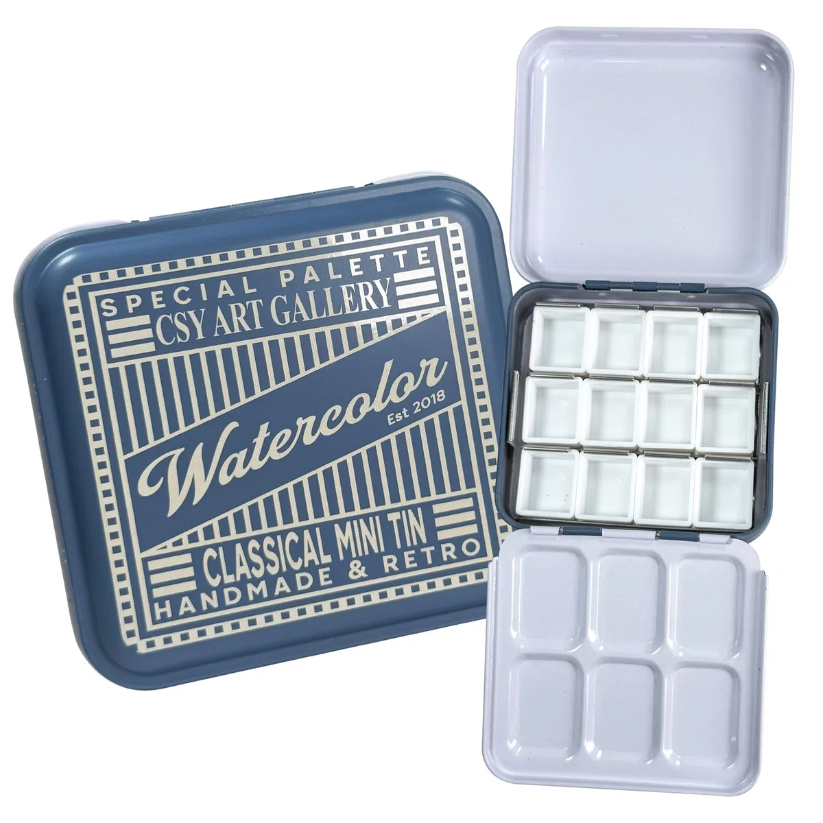 Aquarell-Reisepalette mit 12 halben Näpfchen – Farbkasten im amerikanischen Vintage-Stil mit Deckel als Mischpalette – für DIY-Malerei mit Aquarell-, Öl- oder Acrylfarben (05 Tiefblau)
