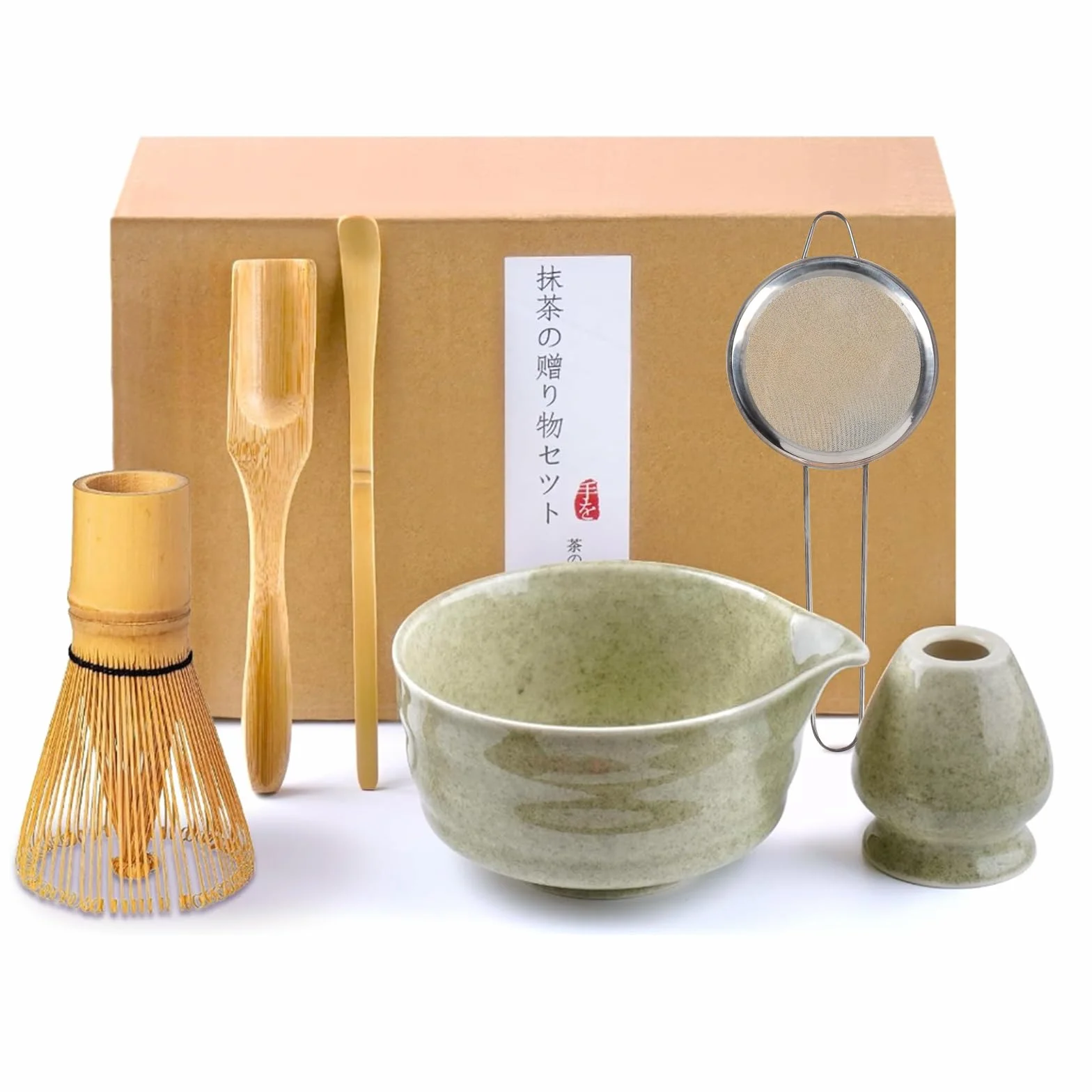 Matcha Set, 6 Stück Matcha Tee Set mit Matcha Besen, Edelstahlsieb, Matcha Schale, 2 Matcha Löffel, Besenhalter aus Keramik, Geschenk für Matcha-Liebhaber, Grün