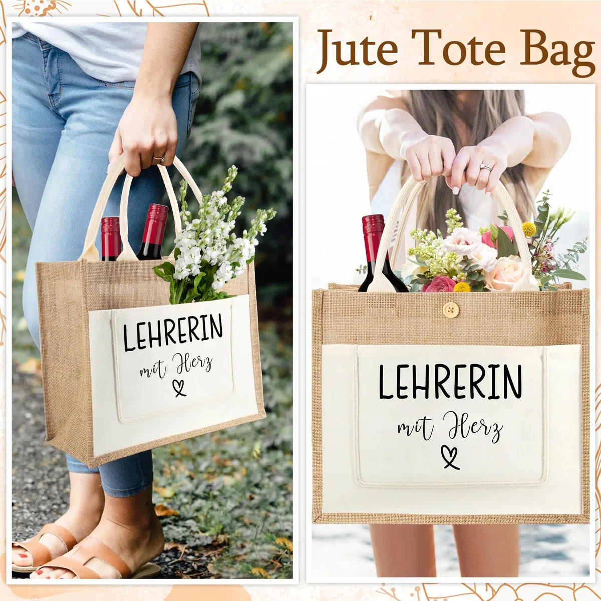 Jutetasche Lehrerin mit Herz, Jute Shopper Bag als Abschiedsgeschenk, Dankesgeschenk für Lehrer Frauen, Jute Einkaufstasche Geschenke für Lehrerin zum Abschied, Geburtstag, Lehrertag, Abschlussfeier