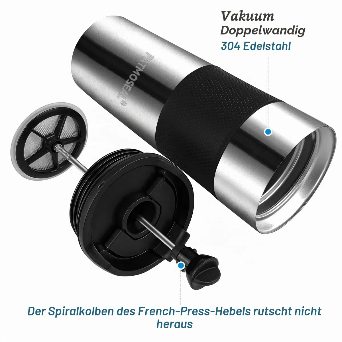 French Press Thermobecher 450 ml – Isolierter Reisebecher mit Edelstahlfilter, auslaufsicher, doppelwandig – Kaffeebereiter To Go für Büro, Pendeln, Reisen & Camping