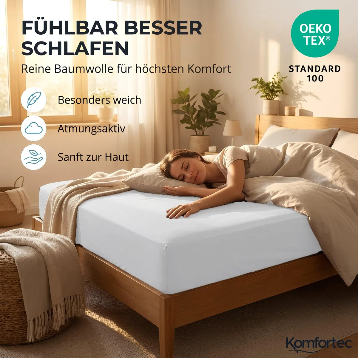 Komfortec Spannbettlaken Jersey 100% Baumwolle – 180x200 cm – 135g/m² – Weich, Atmungsaktiv & Hautfreundlich – Mit Rundumgummi – Oeko-Tex Zertifiziert – Für Boxspring, Topper & Matratzen – Weiß