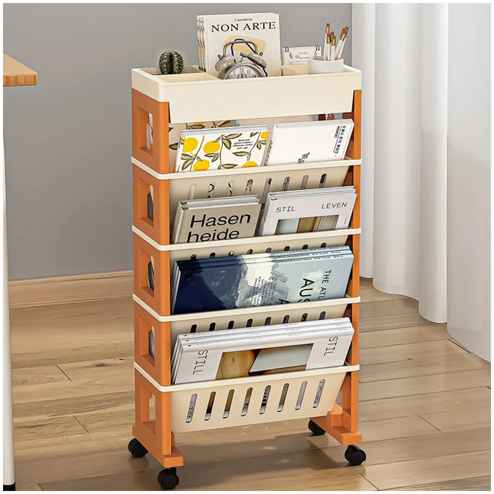 NUODWELL Mobiles Bücherregal mit Rollen, abnehmbarer Kunststoff-Aufbewahrungs-Organizer, Kinder-Bücherregal, großes Fassungsvermögen, Zeitschriftenständer, Buchwagen, Rollwagen für Büro, Wohnheim,