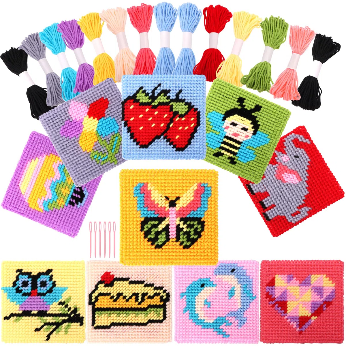 Pllieay 10-in-1-Kreuzstich-Set für Kinder, inklusive Anleitung, 10 Mustern, 10 Kunststoffleinwänden und 14 farbigen Fäden für Handarbeiten