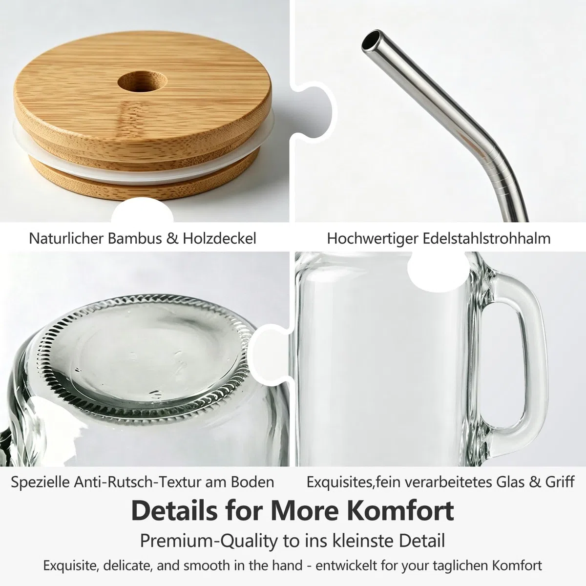 OAMCEG 6 Stück Glas mit Deckel und Strohhalm – 480ml Glasbecher mit Henkel und Holzdeckel – Wiederverwendbare Mason Jar Gläser für Saft, Iced Kaffee, Matcha, Smoothies, Kinder & Geschenk