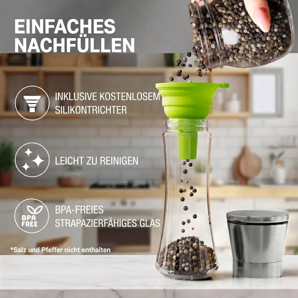 salz und pfeffermühle von HOME EC - Salzmühle und Pfeffermühle - Eistellbare Seesalzmühle & Pfeffermühle – Hohe Salz- und Pfefferstreuer – Pfeffer und Salzmühle mit Trichter und Ebook