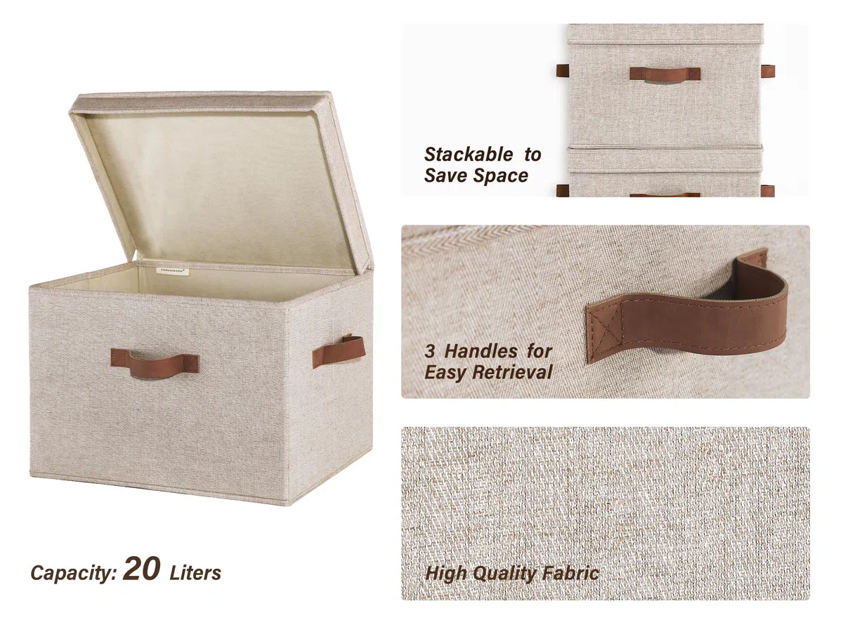 StorageWorks Aufbewahrungsboxen mit Deckel, Stoff Aufbewahrungskorb mit Deckel Groß, Organizer Box mit Griffen, Robuste Ordnungsboxen mit Deckel für Kleiderschrank, Braun und Beige, 2 Stück