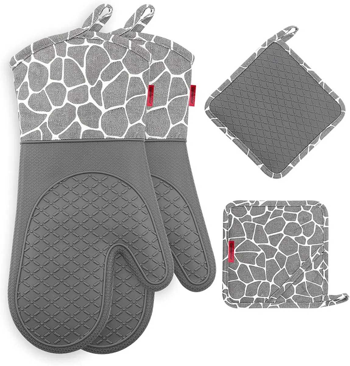Ofenhandschuh, Topfhandschuhe Anti-Rutsch Hitzebeständige Silikon und Baumwolle 1 Paar und 2 Topflappen (Gray)