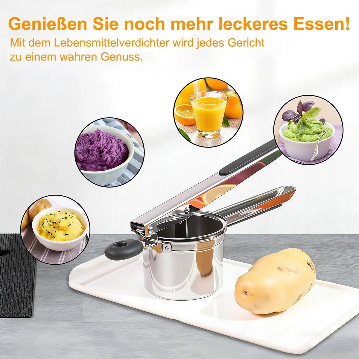 Kartoffelstampfer Edelstahl, Kartoffelpresse mit 4 Auswechselbaren Schneidplatten 3 Zubehörteile, zur Herstellung von Kartoffelpüree, Gemüsepürees, Säften Gemüsepressen, Spätzlepresse, Spülmaschine