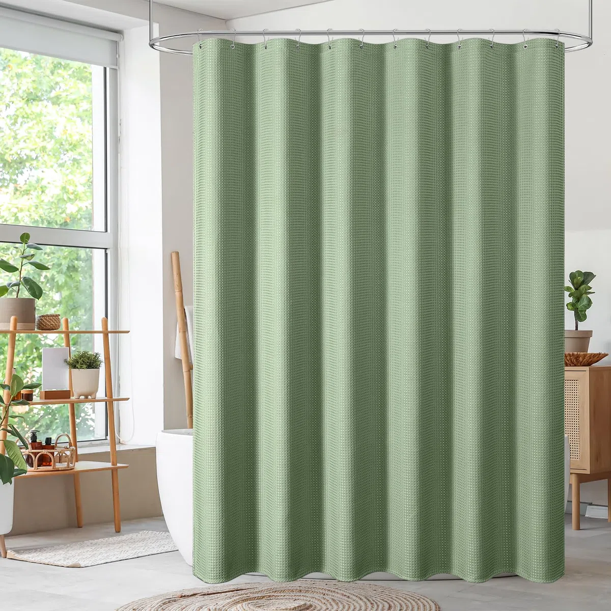 WELTRXE Waffel-Duschvorhang 180 x 200 cm, Anti-Schimmel-Duschvorhang-Set, wasserdichter Stoff-Badewannenvorhang mit 12 Edelstahlhaken, für Dusche und Badewanne, Salbeigrün
