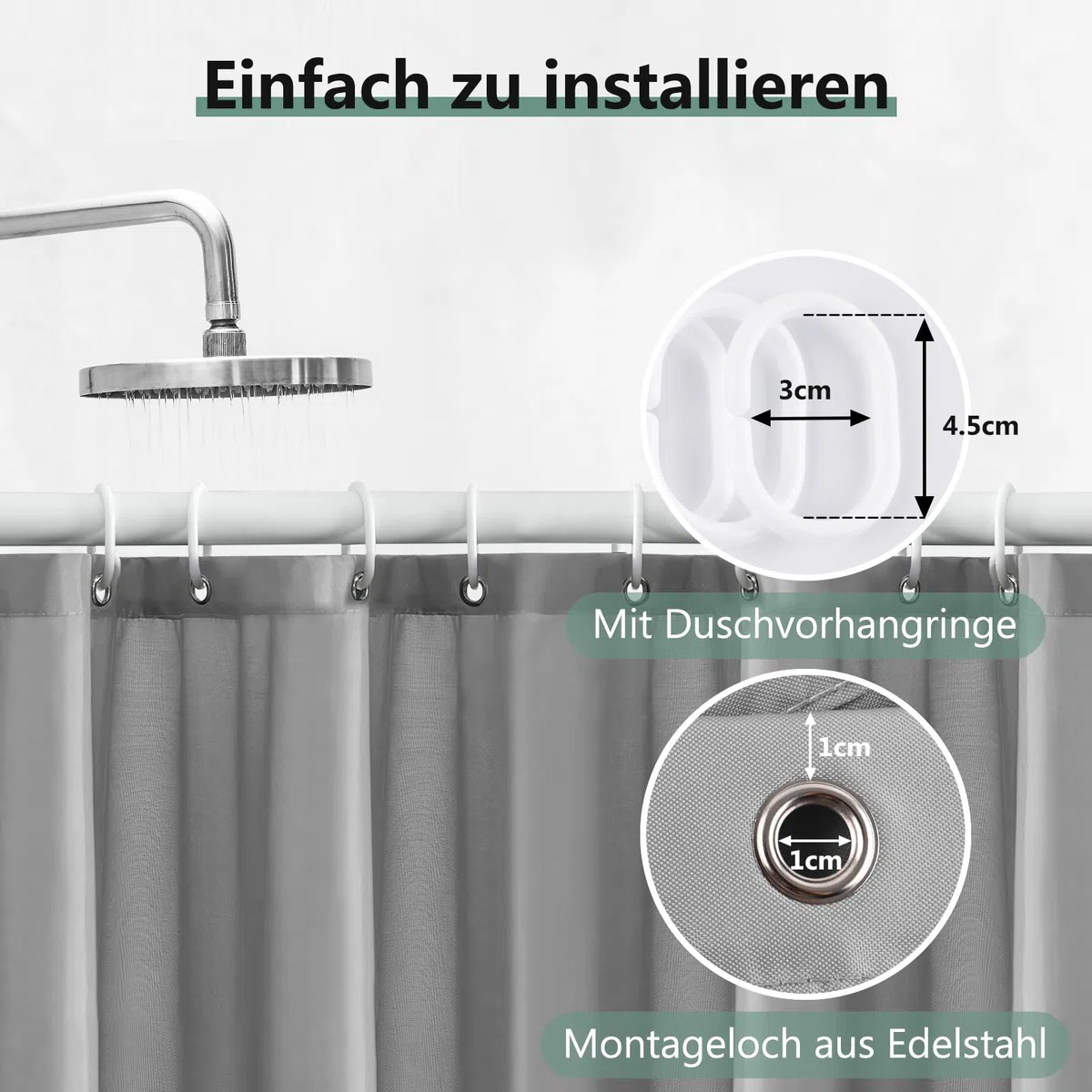 REDKEY Duschvorhang 240x200 cm, Anti-schimmel Badvorhang, Waschbar Schnelltrocknend Wasserabweisend PVC Textil, Antibakteriell Badewanne Vorhang mit 16 Haken für Bad Dusche, Grau