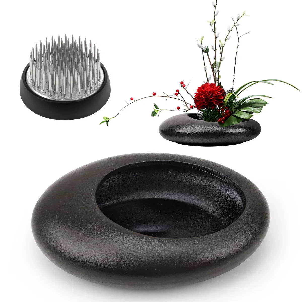 Folmywy Japanisches Keramik Ikebana Vasen Set mit 4cm Blumenhalter Kenzan Schwarz Kieselsteinförmiger Blumenarrangement Schale Blumenschmuck für Hochzeiten Teestuben Wohnkultur