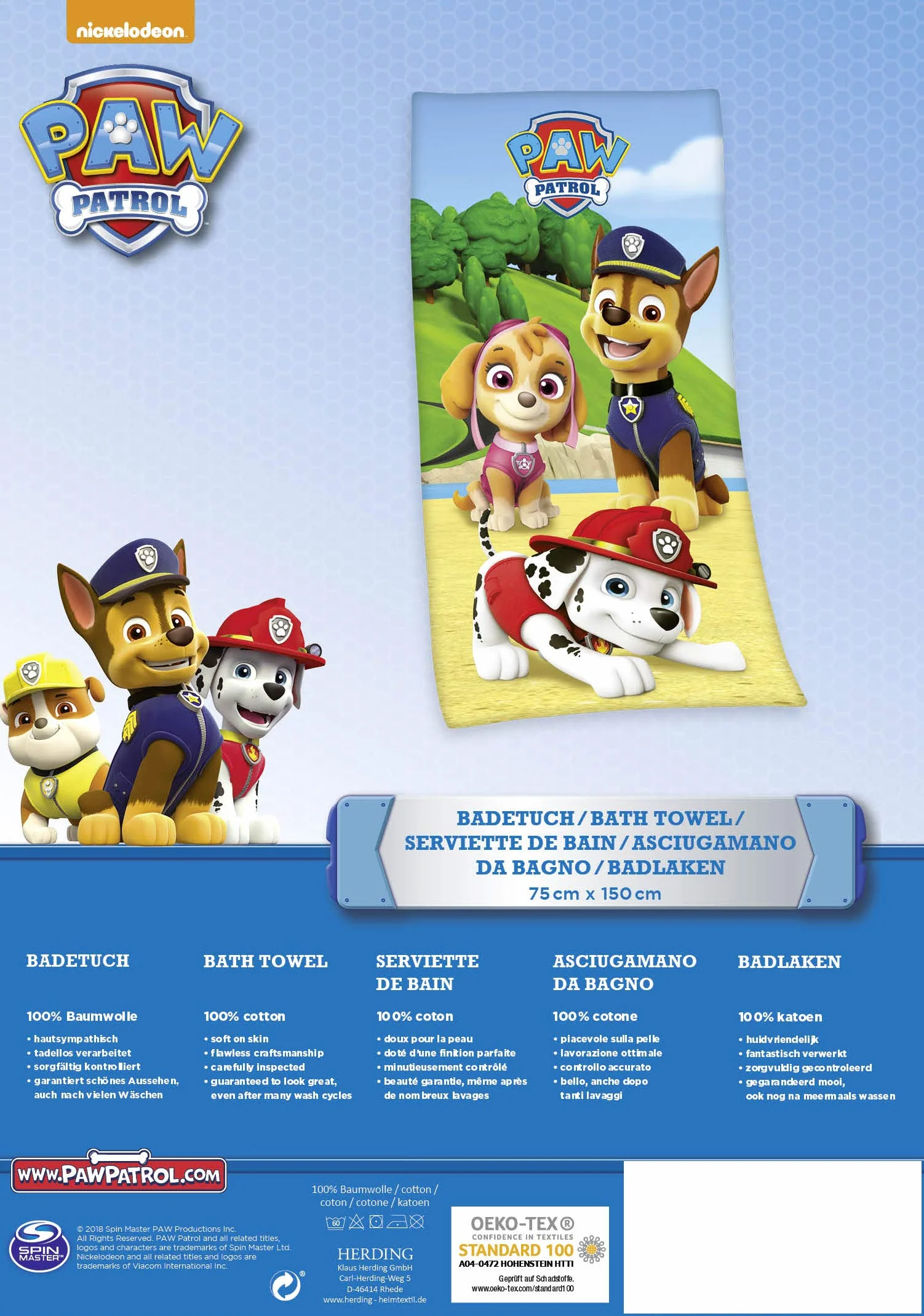 Herding PAW PATROL Badetuch, 150 x 75 cm, Baumwolle, Mehrfarbig