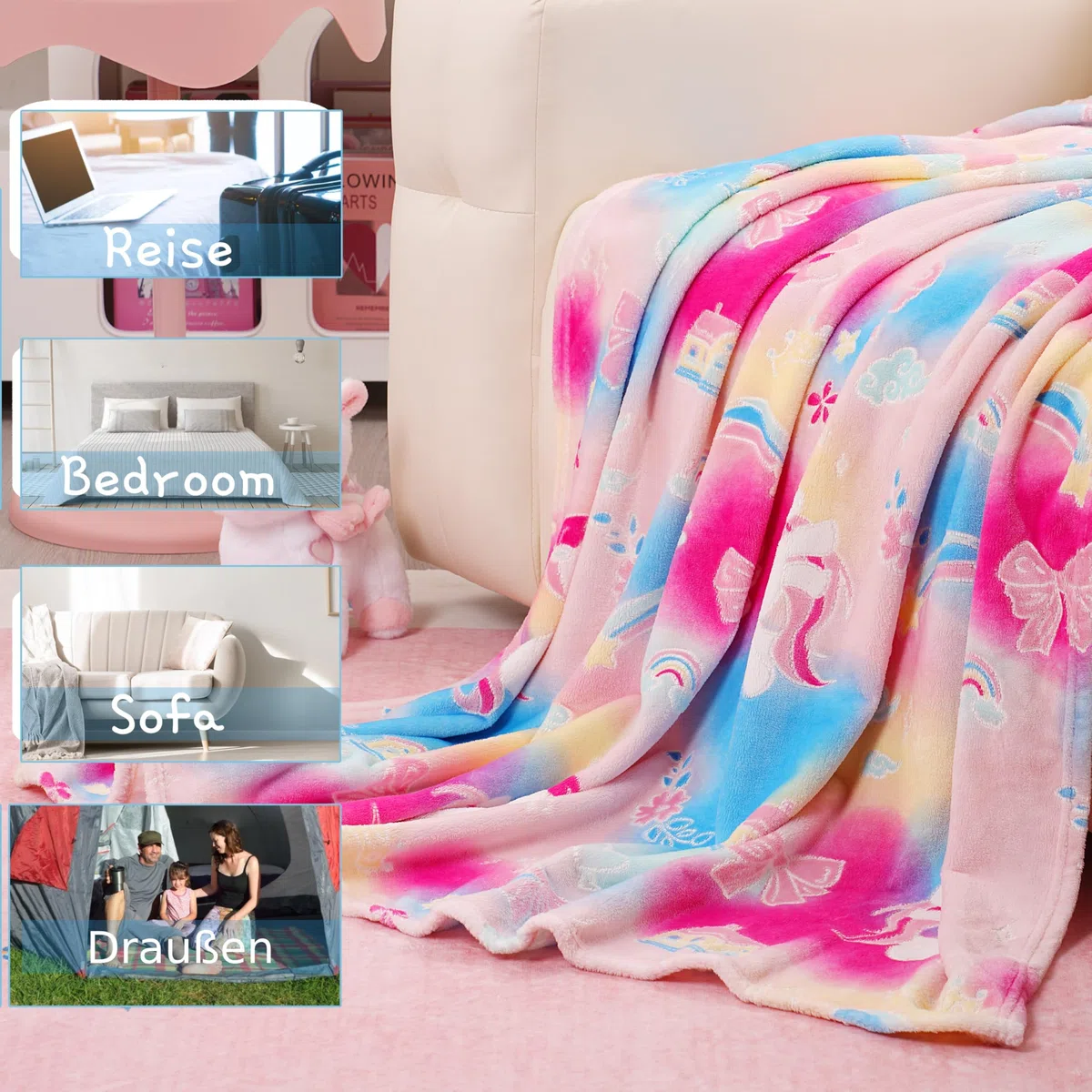 Einhorn Kuscheldecke Kinder, Glow In The Dark Blanket, Einhorn Geschenke für Mädchen 4-12 Jahren, Weihnachten Geschenke Kinder, Kuscheldecke Flauschig Sofadecke für Allergiker & Outdoor, 127x152 cm