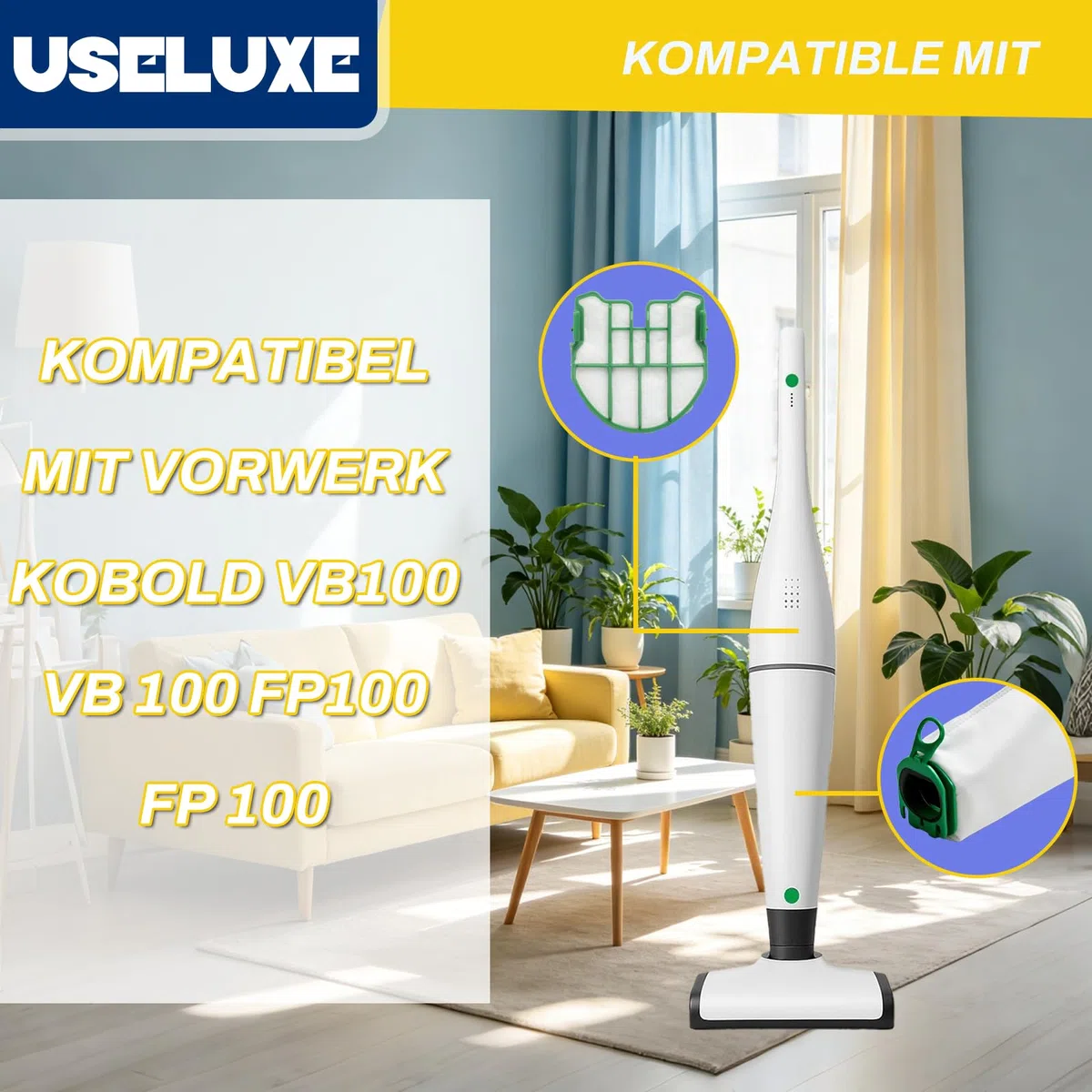 VB100 Staubsaugerbeutel Kompatibel mit Vorwerk Kobold VB100 VB 100 FP100 FP 100 Akku-Staubsauger, 12 Stück Staubbeutel mit 2 Motorschutzfilter