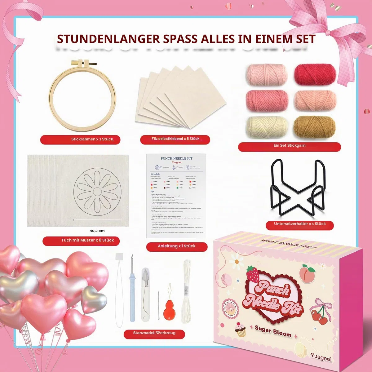 yuegool 6-teiliges Punch-Needle-Untersetzer-Set – Einfaches DIY-Stickset für Anfänger, Kinder & Erwachsene mit Motiven, Garn, Stickrahmen, Anleitung & Halter