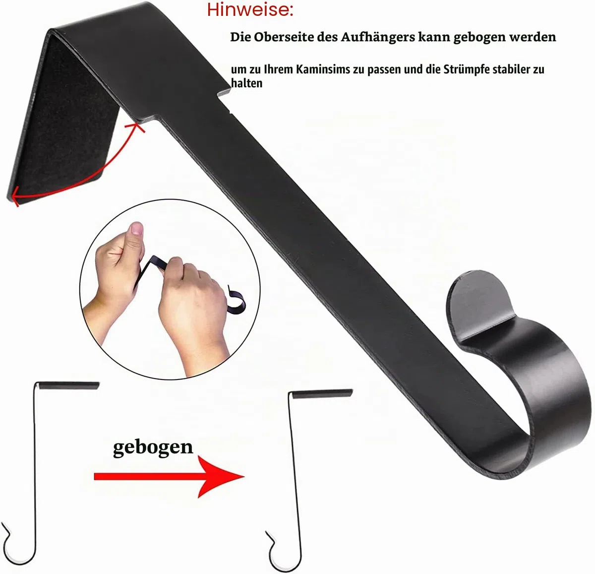 Weihnachtsstrumpfhalter, Metall-Kaminhaken, Aufhänger, rutschfeste Weihnachtsstrumpf-Haken für Kamin, Kaminsims, Weihnachtsfeier, Dekoration (6 Stück, schwarz)