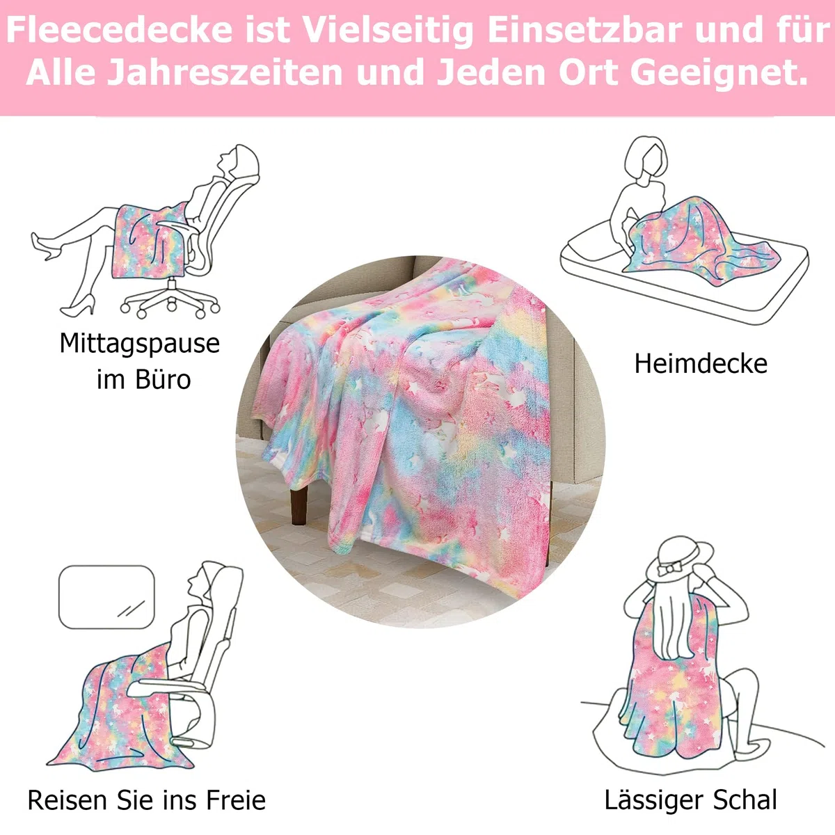 Einhorn Decke Kuscheldecke - 120 x 150 cm Decke Leuchtet im Dunkeln, Warm und Flauschig Kinderdecken für 1-10 Jährige Mädchen und Jungen - Wohndecke für Geschenk (Farbig, 120 x 150cm)