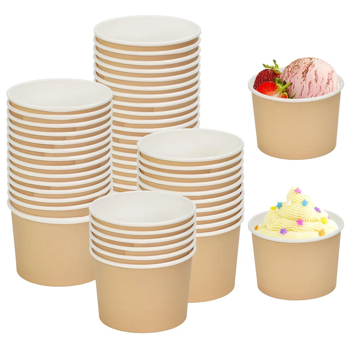 Kleemeiero Eisbecher Pappe 100 Stück Candybar EIS Becher to go pappbecher 240ml Einweg Papier Dessertbecher Holzlöffel Candy bar Becher Papierbecher Eisbecher aus Papier für Gefrorenen Joghurt Suppe