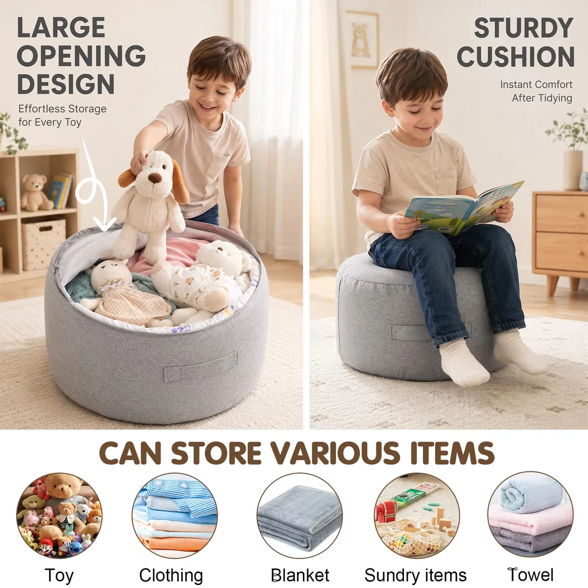 Kuscheltier Aufbewahrungssack Sitzsack - Leerer Bezug mit Reißverschluss - Weicher Spielzeug Organizer für Plüschtiere & Decken - Gemütliches Sitzkissen für Kinderzimmer (Hellgrau)