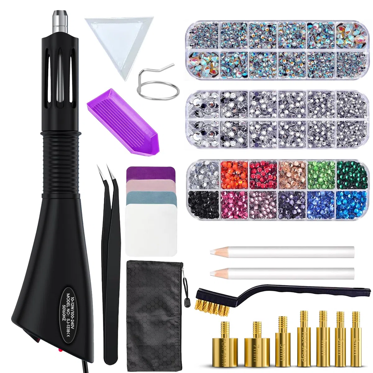 RCIDOS Hotfix Applikator, Strasssteine Applikator Set Mit 7 Applikatorspitzen & Hotfix Strasssteine Glitzersteine Für Stoff Craft, Selbstklebend 3 Boxen Mix Farbe Glitzersteine