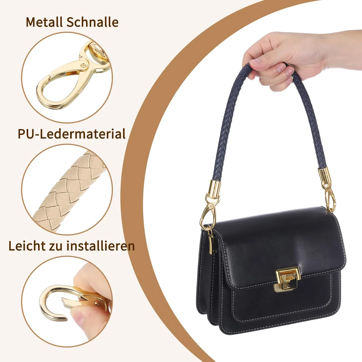 QUARKZMAN Taschenhenkel Lederriemen für Taschen, 2 Stück 60cm PU Taschengurt mit Metallschnallen Taschengriffe für Geldbörse Häkeltaschen Handtaschen (Beige Pink Gurt + Goldverschluss)