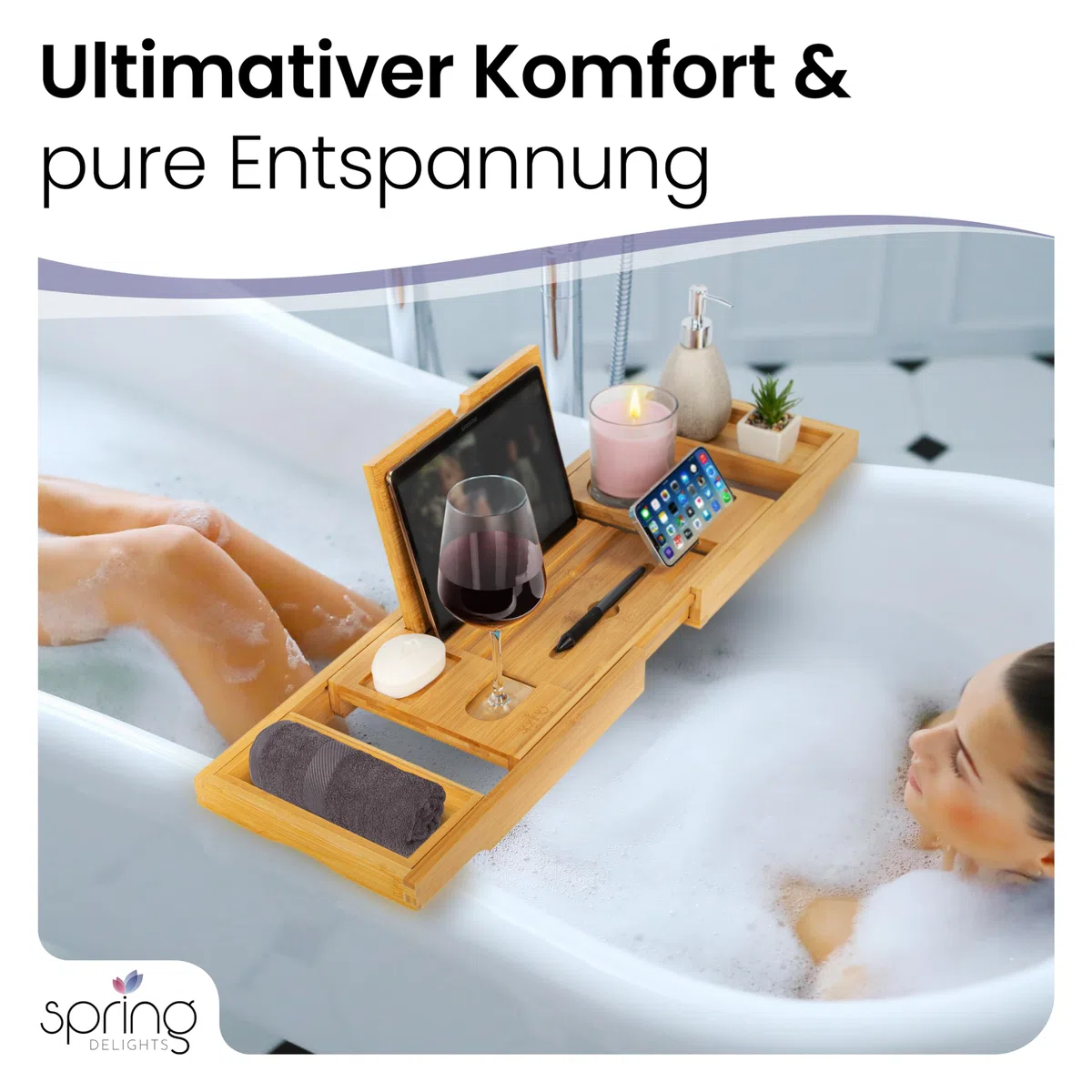 Badewannen-Set: Luxus Bambus Badewannenablage & Ergonomisches Badewannenkissen - Weinglashalter, Tablethalter, Handyhalter & Extra Große Saugnäpfe - Dein Ultimatives Spa-Erlebnis