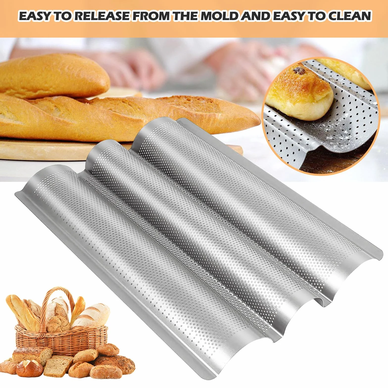 BORDEAG Baguette Backform, 2er Set Baguetteblech für 3 Baguettes mit Bäckermesser, Antihaftbeschichtung Baguette-Backblech, Baguette Blech, Brot Backen Zubehör, 38x24cm