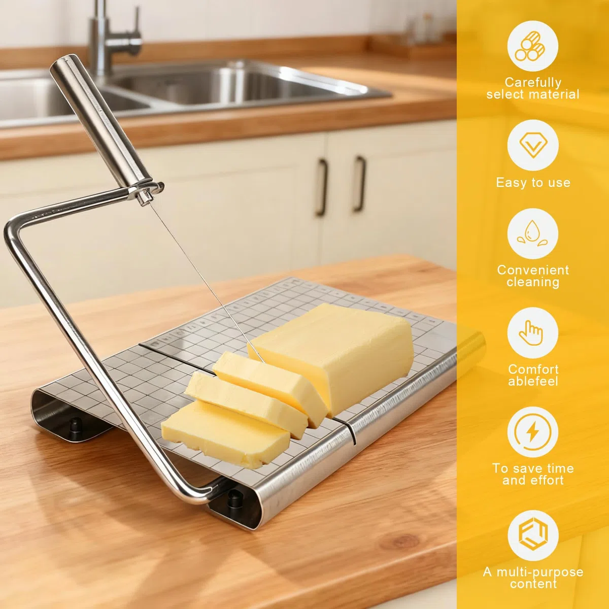 Edelstahl Käsehobel Schneidebrett, Käsebrett Butterschneider, Käsehobel mit Brett und Messgitter, Auswechselbarer Käseschneider für Blockkäse und Butter, Spülmaschinenfest, mit 5 Extra Drähten