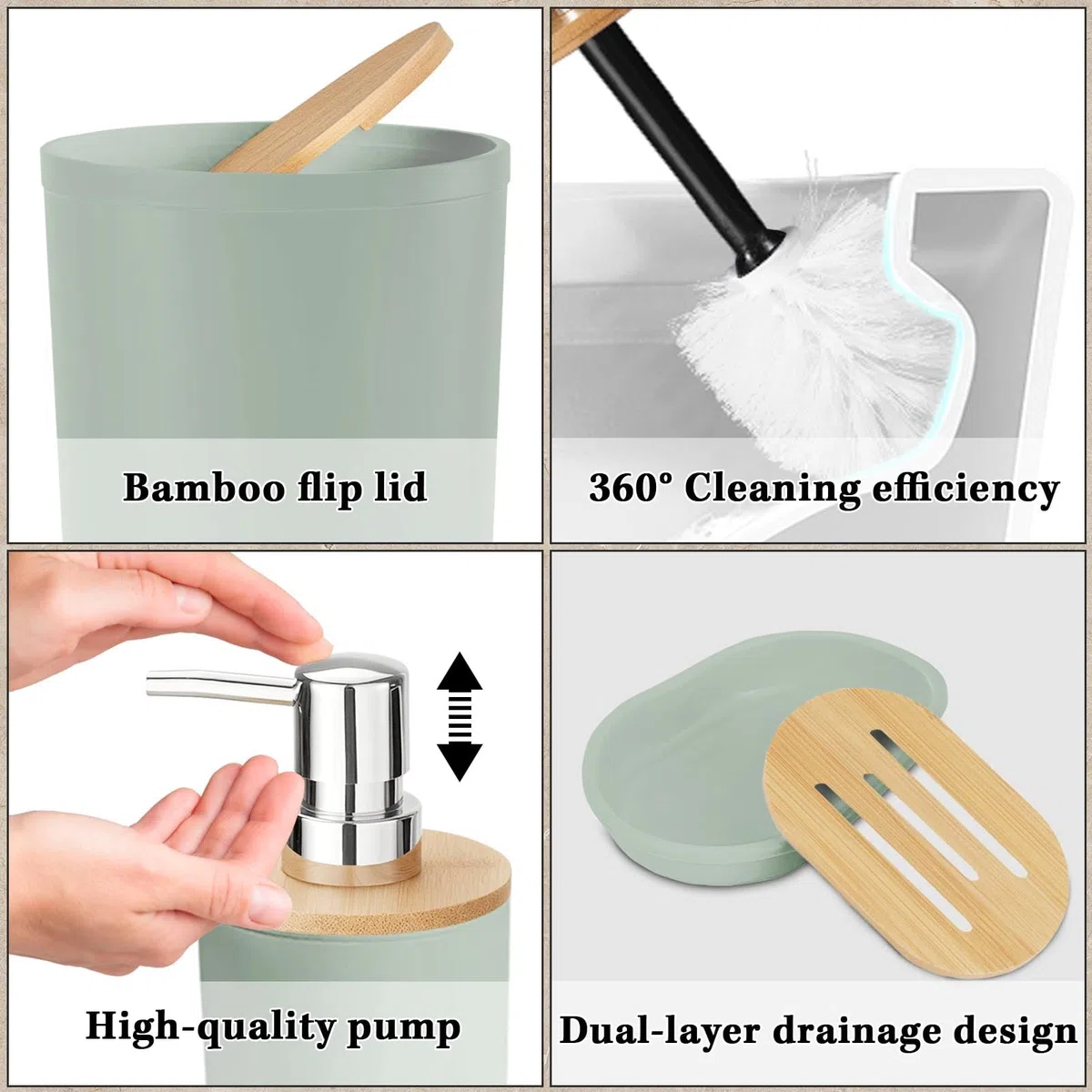 Britimes Badezimmer-Zubehör-Sets, salbeigrün Duschvorhang-Set mit Mülleimer, Seifenspender, WC-Bürstenhalter, Zahnbürstenhalter und Zahnbürstenbecher für Badezimmer-Dekor (Grün)