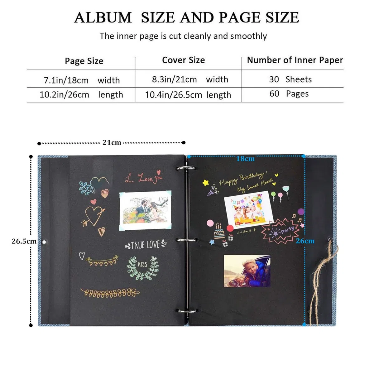 Fotoalbum zum Selbstgestalten 60 Schwarze Seiten, DIY Fotoalben Leinen Nachfüllbar Scrapbook Fotobuch Gästebuch, Geburtstag Jahrestag Geschenk für Frauen Männer (Blau)