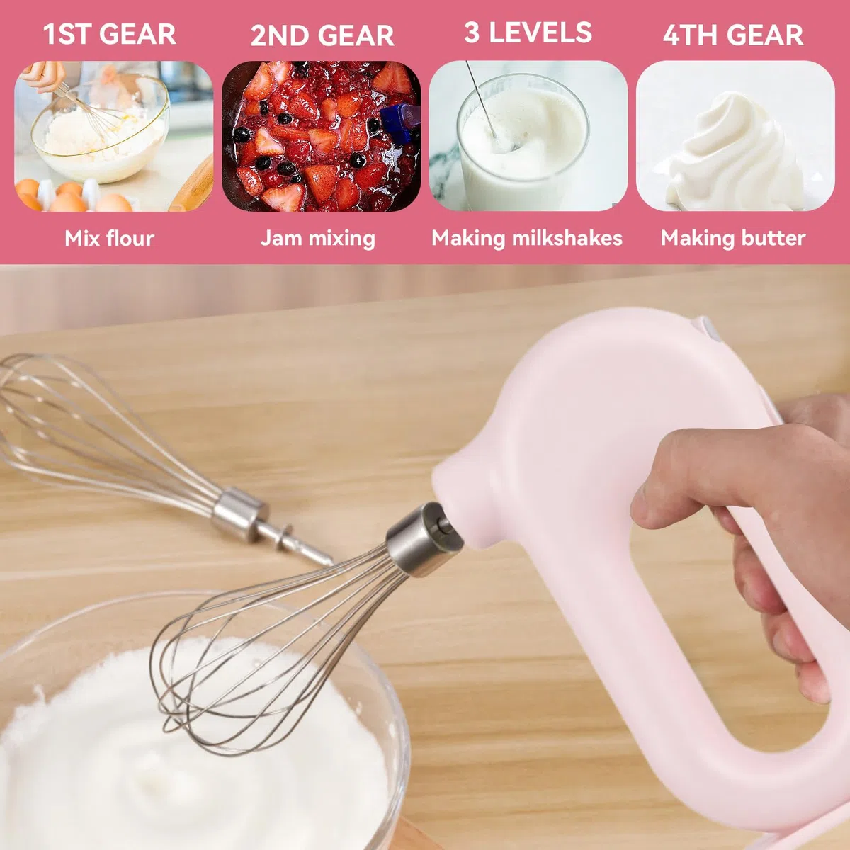 Elektrischer Handmixer Mit Edelstahl Schneebesen, Knet 1500mAh 4 Geschwindigkeit USB Handmixer Klein Kabellos Handrührer Elektrisch-Handrührgerät Elektrischer Whisk Für Schlag, Mischen, Pudding (rosa)
