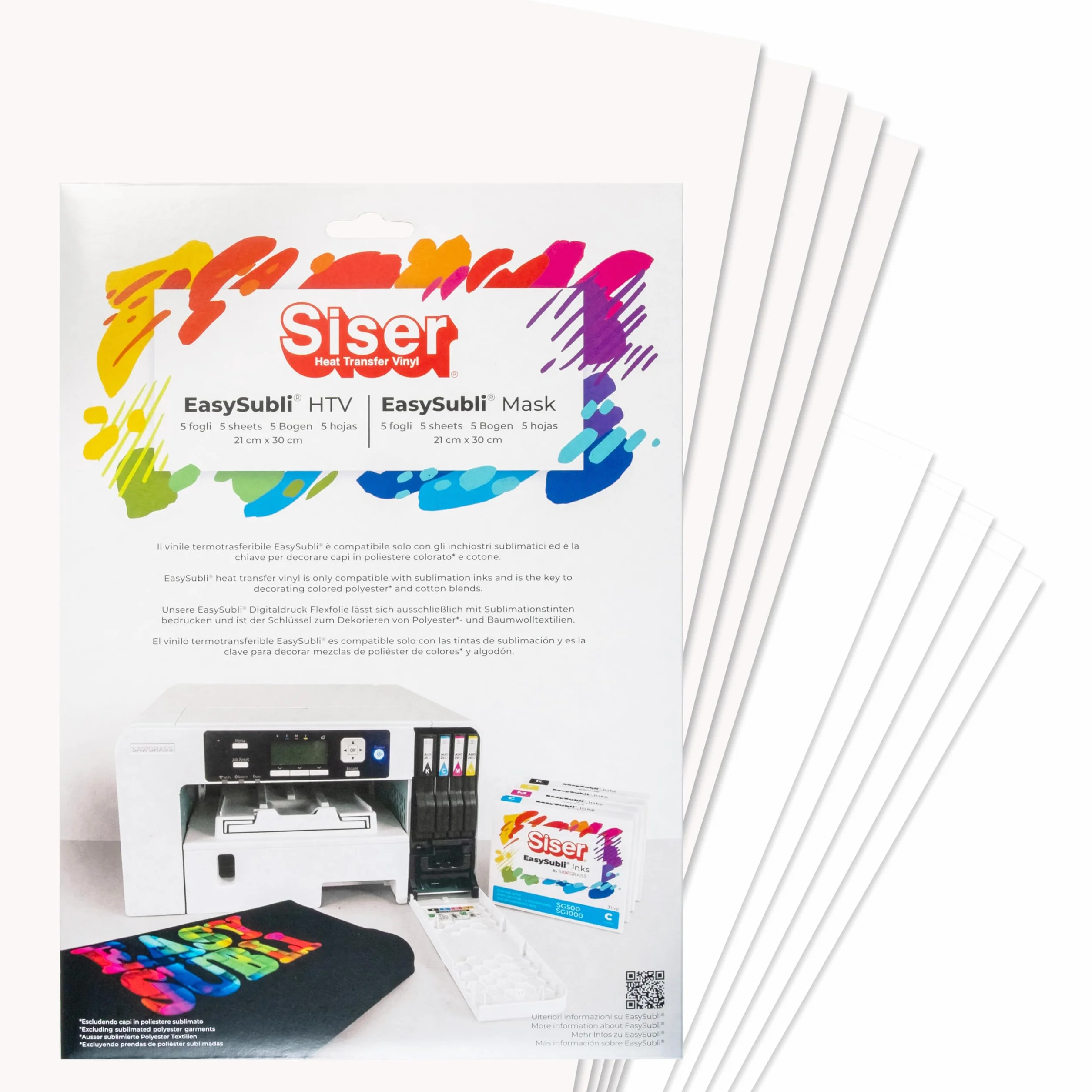 Siser Easy Subli Packung 5+5,thermo-transferierbare, mit Sublimationstinten bedruckbare Folie für helle und dunkle Textilien, 5 Blatt Easy Subli im A4-Format und 5 Blatt Application Tape im A4-Format