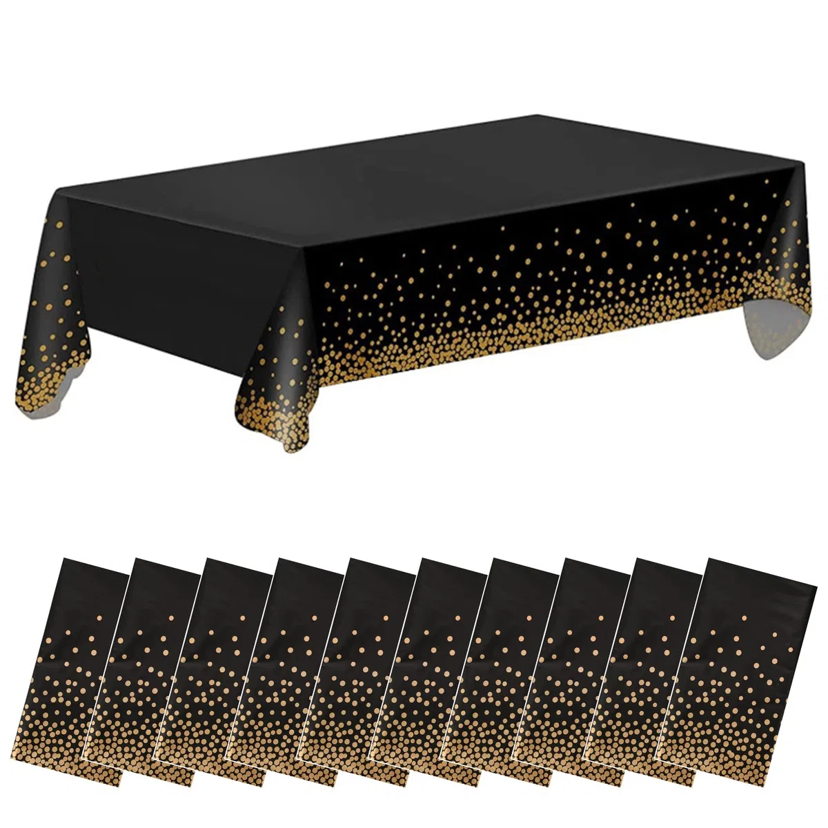 10 Stück Schwarz und Gold Party Tischdecke Einweg für Rechteck Tisch,Gold Dot Confetti Geburtstag Tischdecke für Geburtstag, Jahrestag,Braut Shower,Abschlussfeier,Cocktail Party,137cm x 274cm