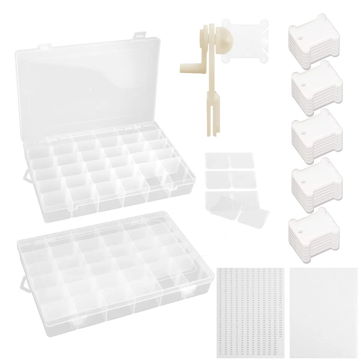 2 Stück Stickgarn Organizer Kreuzstich Faden Aufbewahrungsbox, 36 Abnehmbare Fächer mit 1 Spulenwickler, 150 Hartplastik Zahnseide Spulen und 2 Aufkleber für DIY Handwerk Basteln Nähen