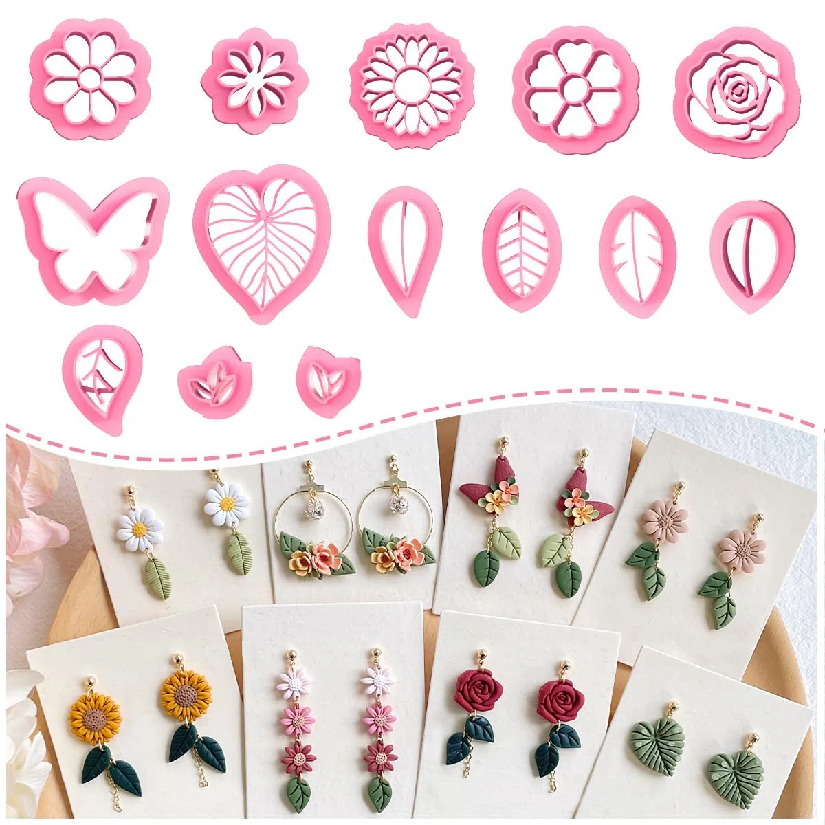KEOKER Spring Polymer Clay Cutters: 14 Formen, Blumen- und Blattdesigns für Polymer-Ton-Schmuck