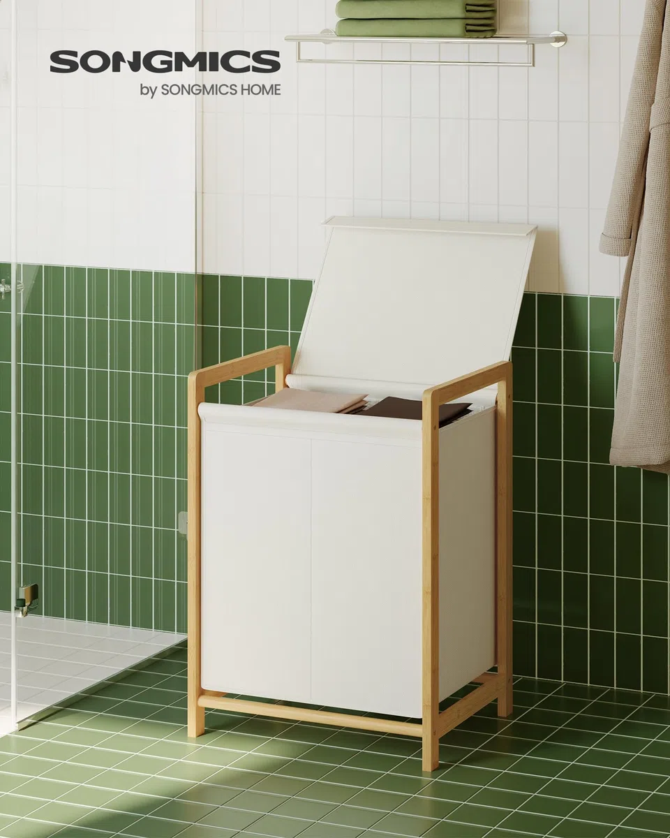 SONGMICS Wäschekorb 2 Fächer, Wäschesammler mit Bambusrahmen, verstärkter und abnehmbarer Deckel, Wäschesack abnehmbar, Wäschesortierer 100 L, cremeweiß RLH102WD01