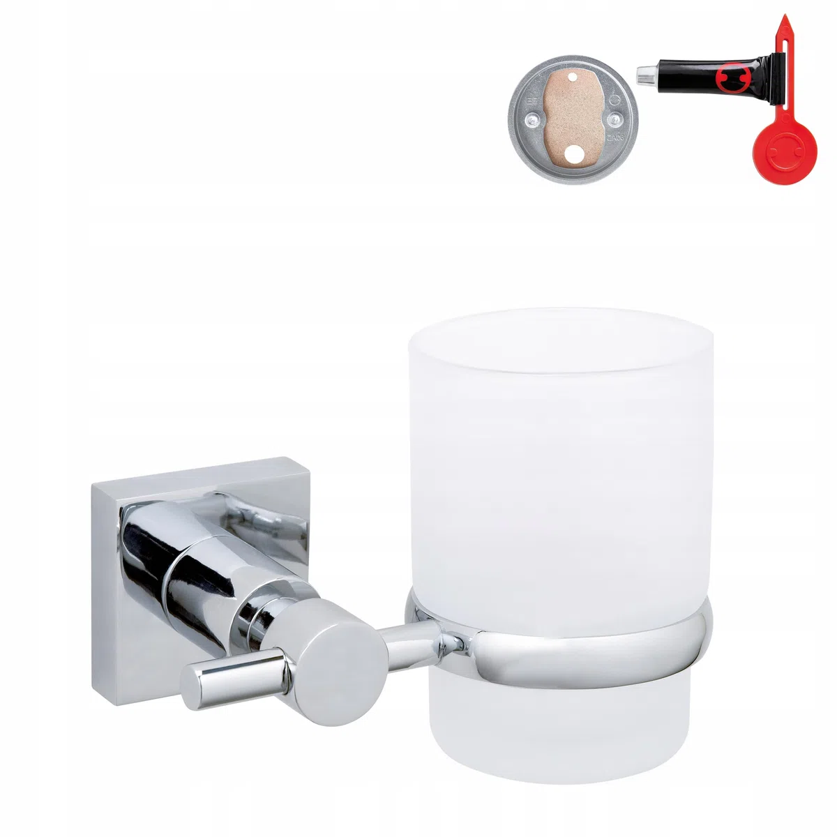 tesa HUKK Zahnputzbecher mit Halterung - Becher aus satiniertem Glas, verchromte Wandhalterung - zur Wandbefestigung ohne Bohren, inkl. Klebelösung - 125mm x 95mm x 90mm