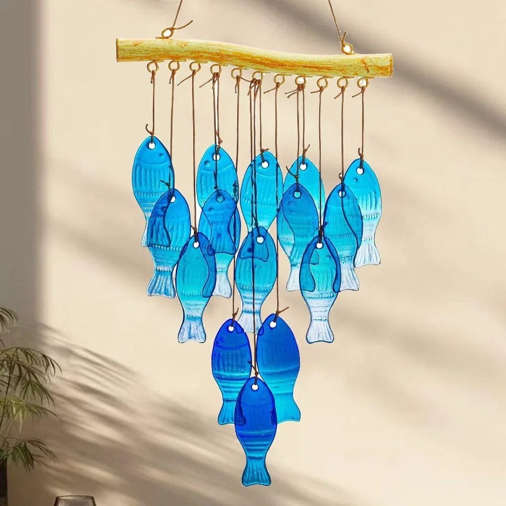 Windspiel in Fischform, blaues Glas, Meereswindspiel, hängender Sonnenfänger, Lichtsammlung, Anhänger für den Außenbereich (Stil 1)