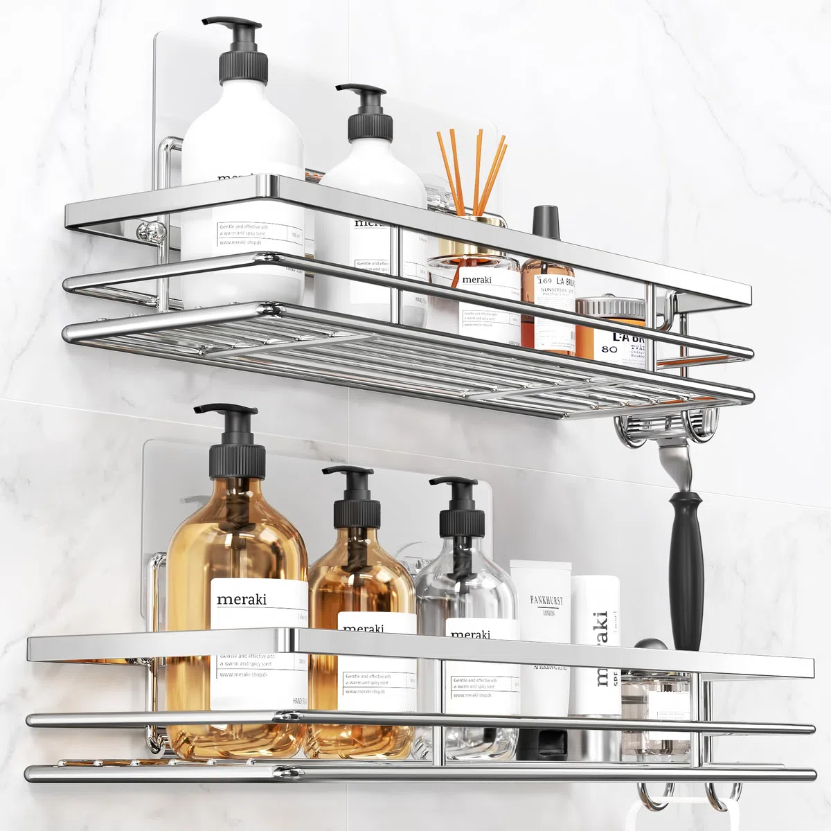pickpiff Duschablage Ohne Bohren SUS304 Edelstahl 2 Stück Duschregal mit 2 Haken Badregal Bathroom Organizer Shampoo Halterung Für Dusche Selbstklebend