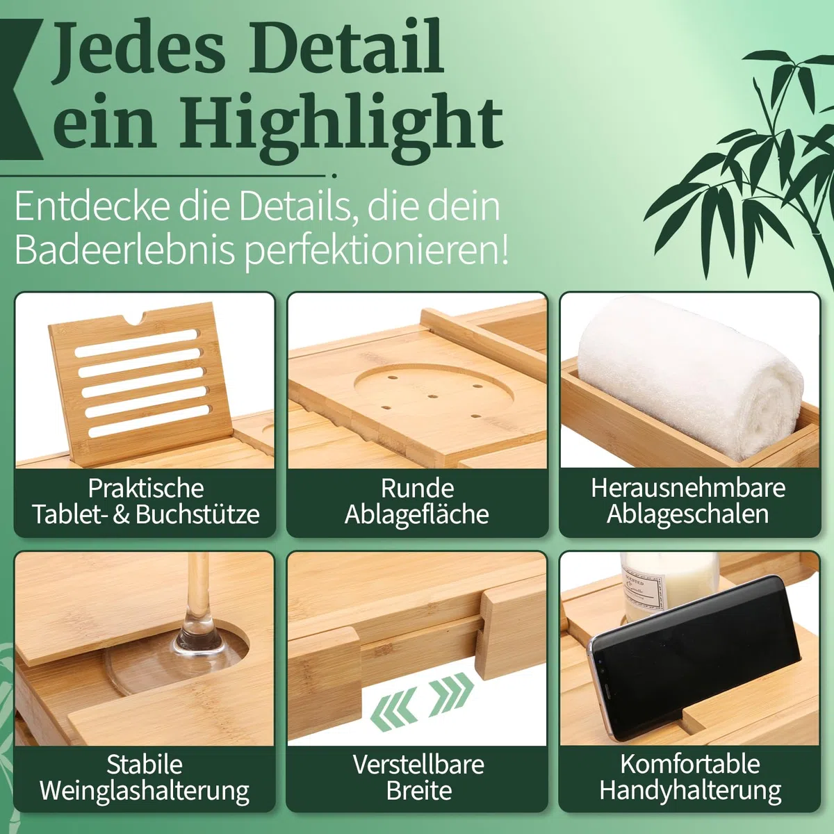 HEIMWERT Badewannenablage Badewannentablett Ablage Badewanne - Extragroß mit ausklappbarem Ständer - Badewannen Tablett Tisch und Frühstückstablett Zubehör aus Bambus (Natur)