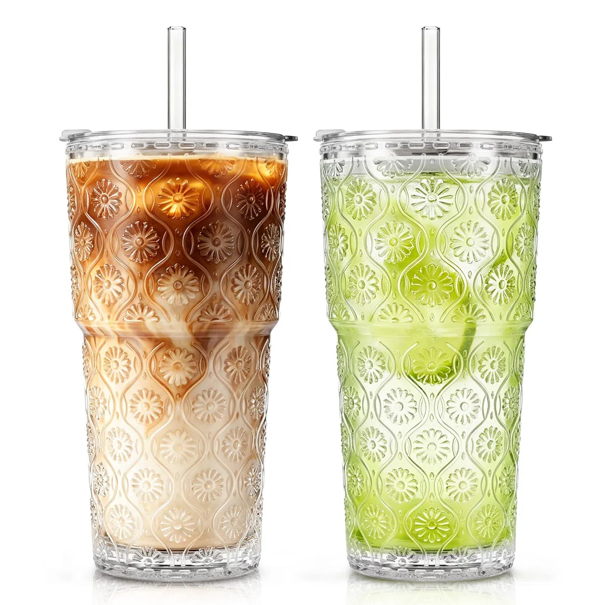 SoulTimes 600 ml Glasbecher mit Deckel und Strohhalm, 2 Stück – Eiskaffee-Gläser To Go, Trinkbecher für Smoothie, Matcha, Saft & Wasser, auslaufsicher, perfekt für Alltag und unterwegs