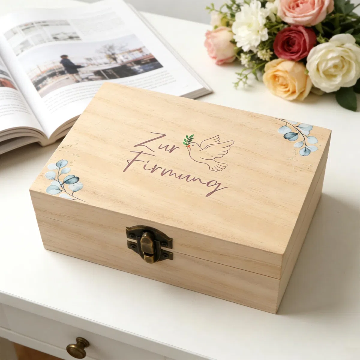 5-teiliges Firmung Geschenke, mit Glückwunschkarte, Reagenzglas, Raffia, Holzkarte, Verpackung für Geldgeschenke (14,5 x 10,5 x 6,5 cm) für Firmung Deko