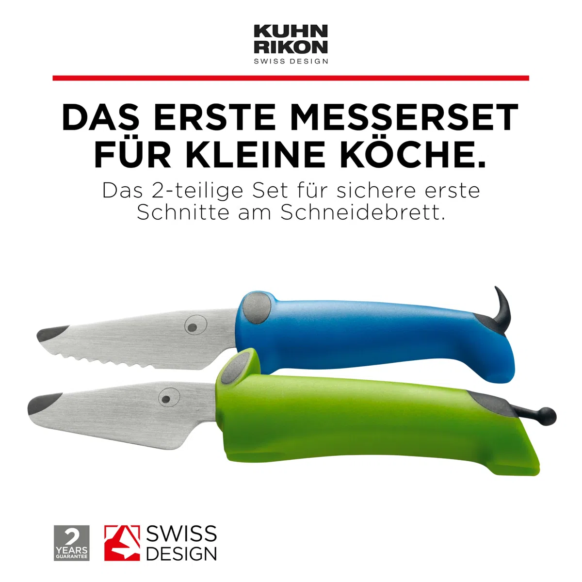 KUHN RIKON Kinderkitchen Kindermesser Set (2-teilig), Kinder-Küchenmesser ab 3 Jahren, Messerset mit Fingerschutz, Edelstahl Klinge (Grün/Blau)