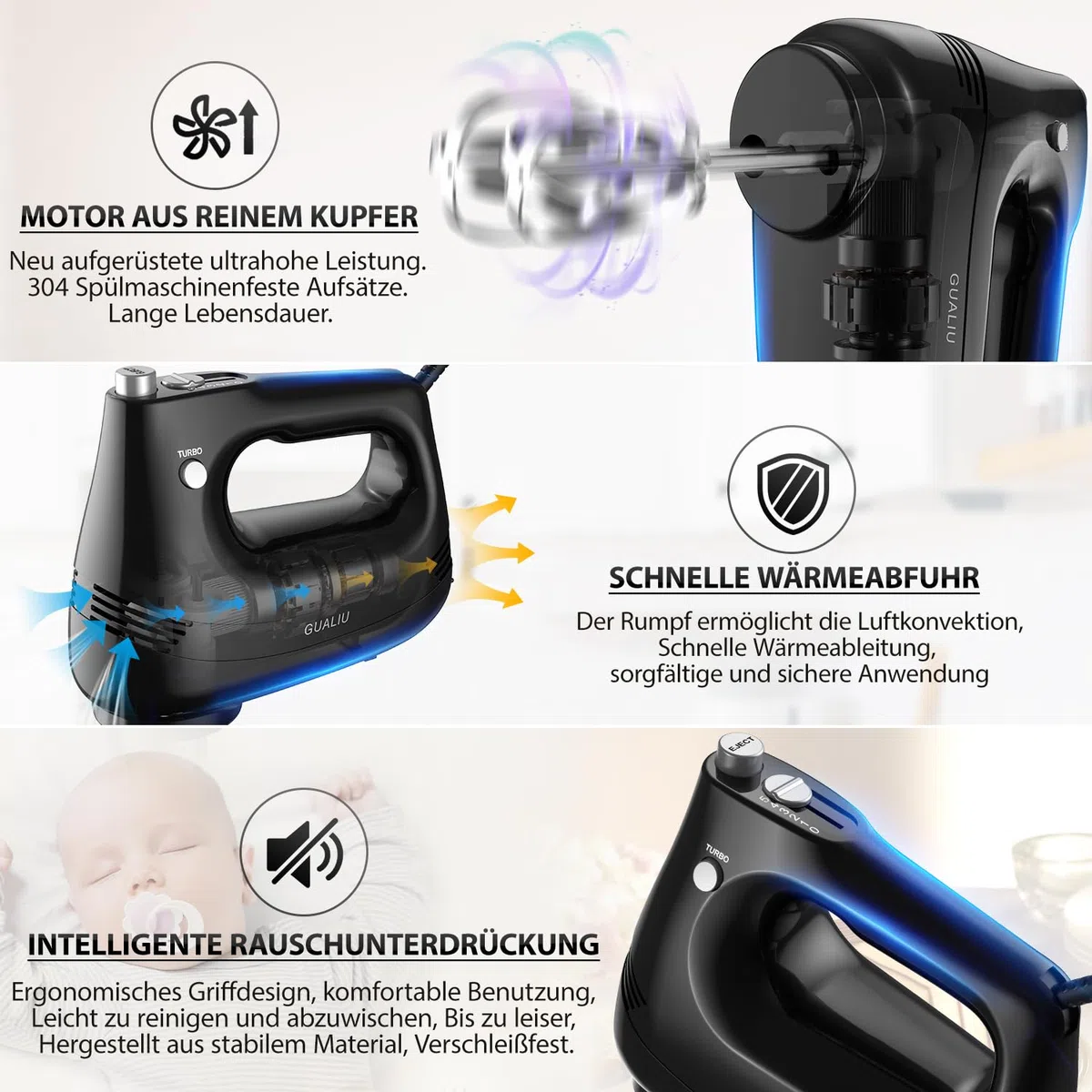 Elektrischer Handmixer 300W mit Edelstahl Schneebesen, Knethaken, Elektrische Handrührer,Turbo Boost /5 Geschwindigkeit, Handrührgerät für Backen Kuchen, Eier Sahne Lebensmittel-Mixer (Schwarz)