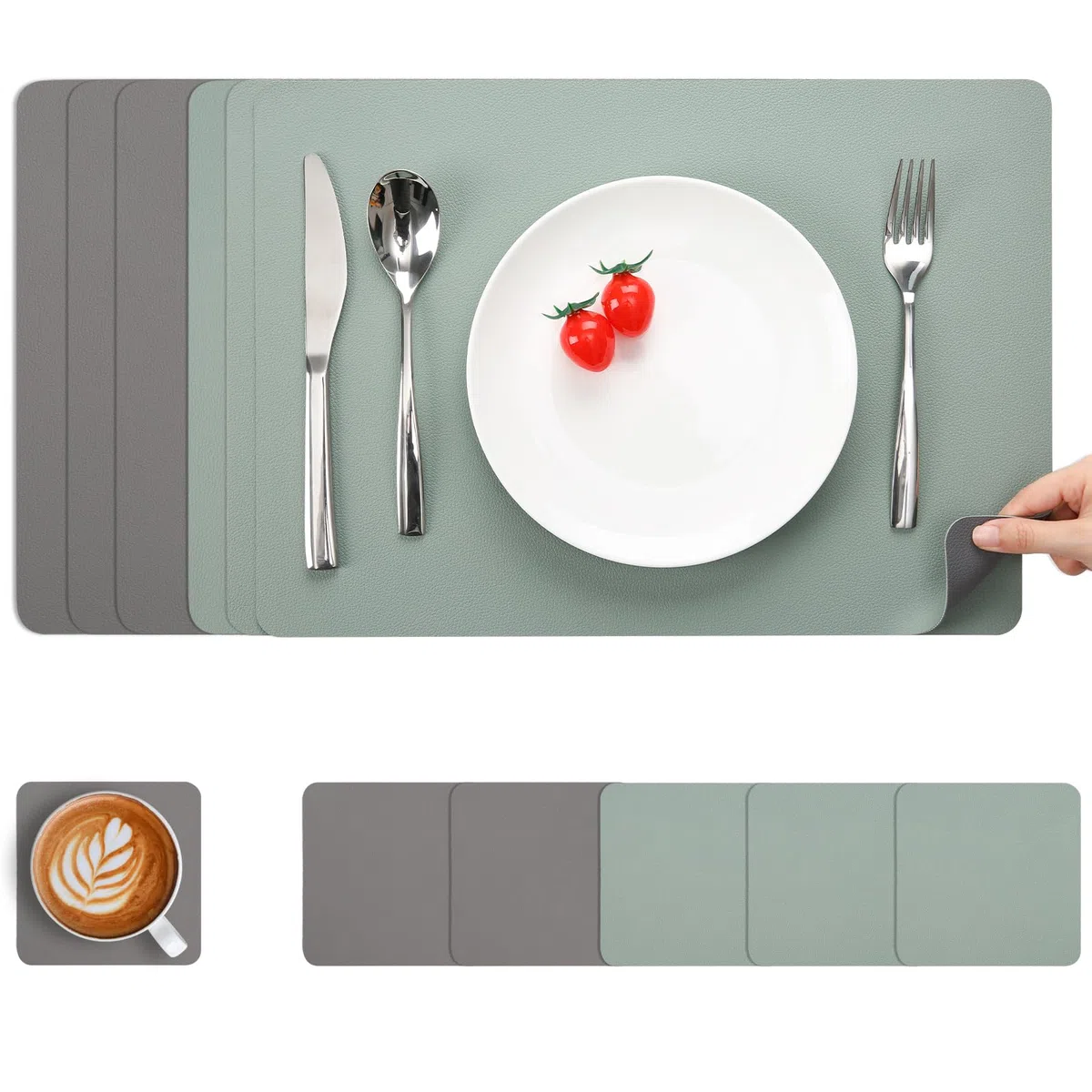 Myir JUN Tischsets Abwaschbar und Untersetzer, Platzset Leder Platzdeckchen Abwaschbar Doppelseitigen Tischsets Umkehrbares Tischset rutschfest Tischset Lederoptik (Grau Salbeigrün, Satz von 6)