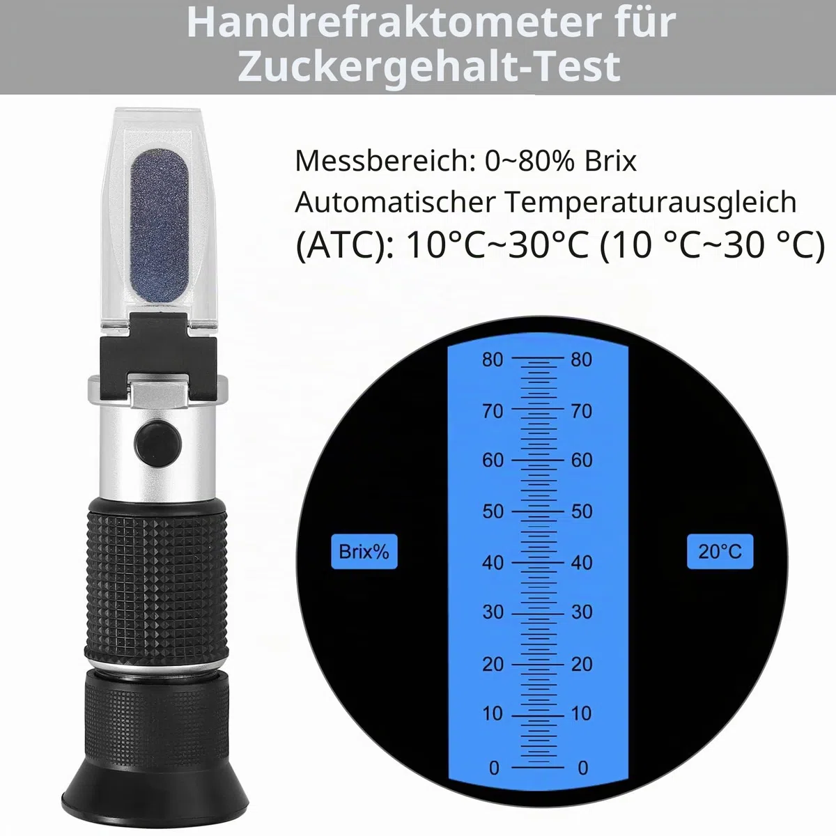 Proster Hand Held Refractometer Handrefraktometer, Aluminium, Schwarz – 0–80% Brix Zucker Refraktometer Feuchtigkeit mit ATC Zuckergehalt für Zuckeranalyse in Säften, Früchten, Saucen und Getränken