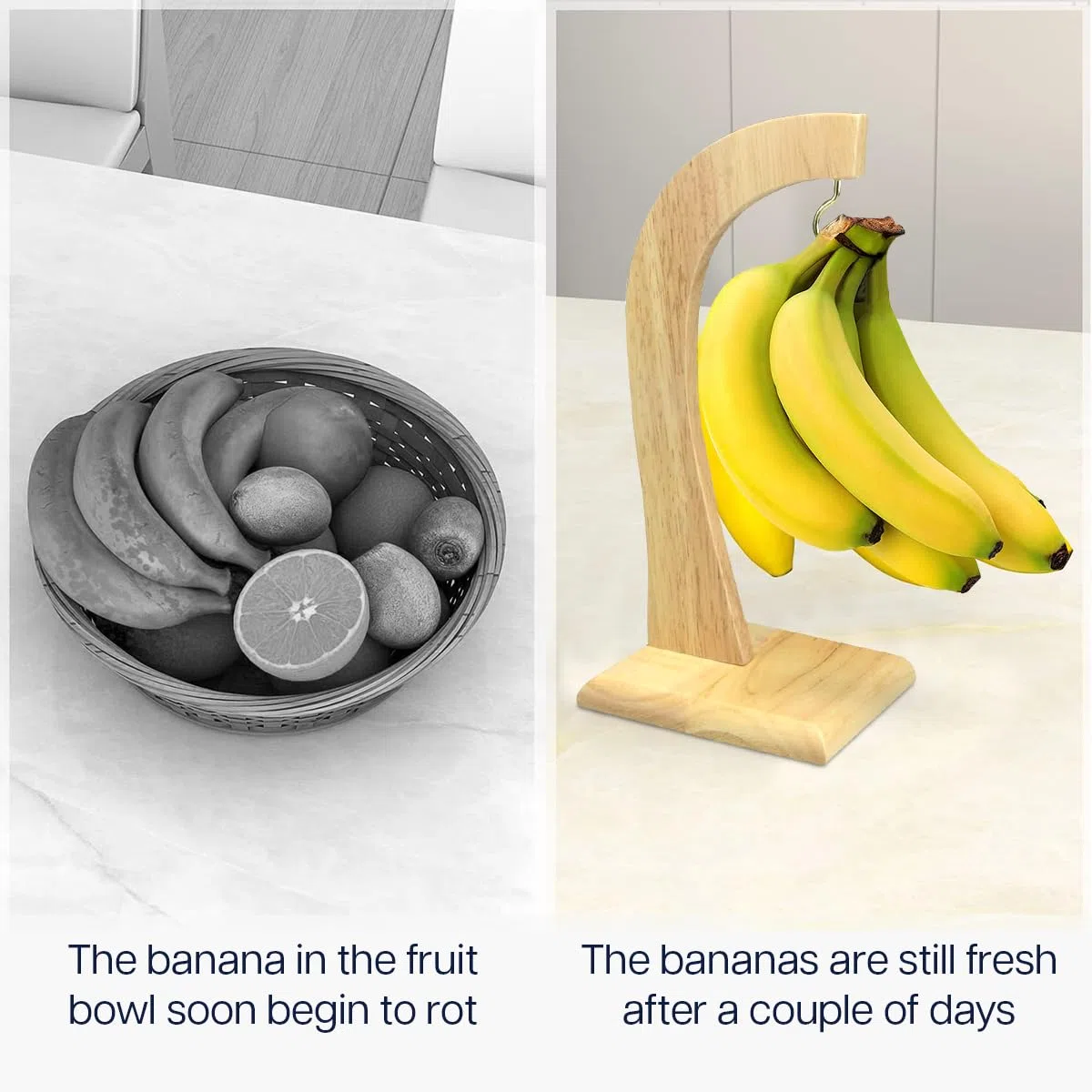 Besto Bananenhalter Ständer | Bananenaufhänger mit Gummi-Holzständer | Obstständer für Küchentheke | Bananenbaumständer mit Metallhaken | Bananenständer um Bananen frisch zu halten