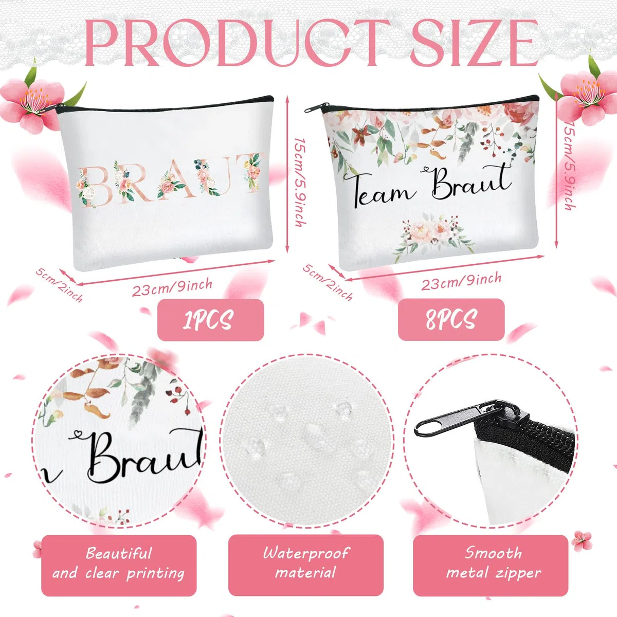 9 Sets Braut Geschenke JGA Party Zubehör Satin Braut Haargummis Team Braut Make up Tasche Geschenk zur Brautparty Junggesellenabschied Tasche Dekoration für Hochzeit Verlobung (Rosa)